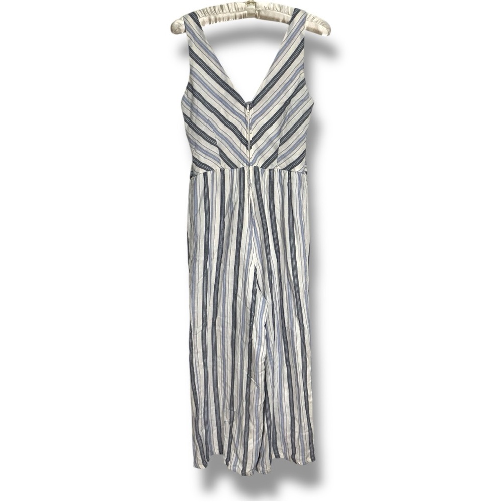 NEW Crystal Sky Blue White Jumpsuit Striped Wide Leg Flowy Cropped Romper Sz S - Picture 6 of 12